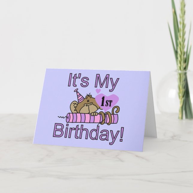 Carte Girl Monkey 1st Birthday Greeting Card (Devant)