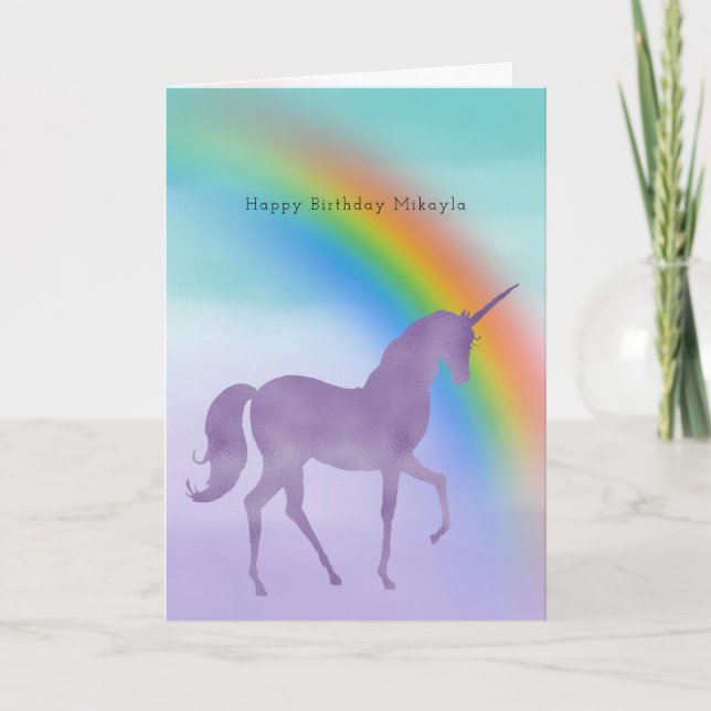 Carte Girl Purple Unicorn Rainbow Nom personnalisé (Devant)