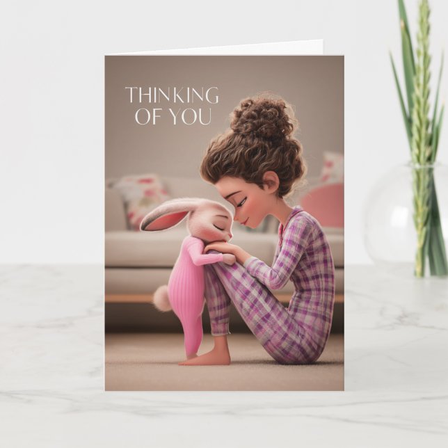 Carte Girl Sitting with Bunny in Pajamas Thinking of You (Devant)