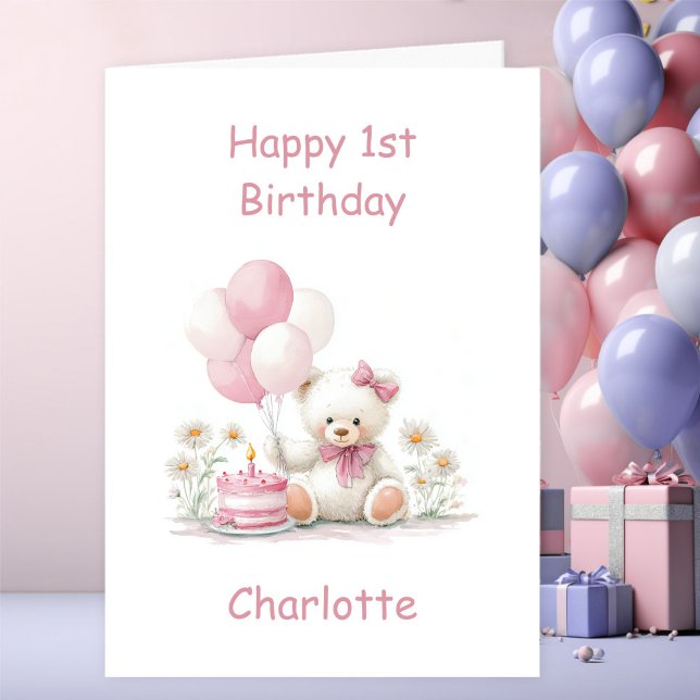 Carte Girl Teddy Bear 1st Birthday (Créateur téléchargé)