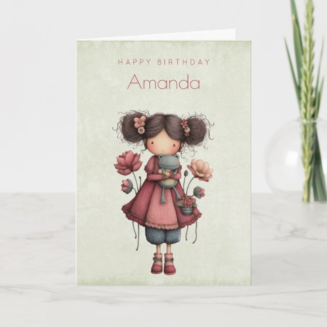 Carte Girl with A Frog Doll Cute Whimsical Birthday (Devant)