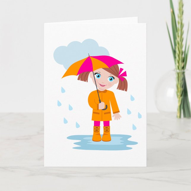 Carte Girl with Umbrella in Rain Kids Rainy Day (Créateur téléchargé)