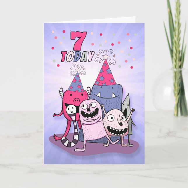 Carte Girls 7th Birthday Pink n Purple Cartoon Monsters (Devant)