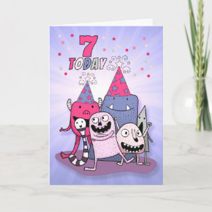 Carte Girls 7th Birthday Pink n Purple Cartoon Monsters