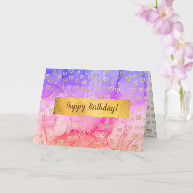 Carte Girly Rose Purple Gold Coeurs Personnalisé Anniver (Orchidée)