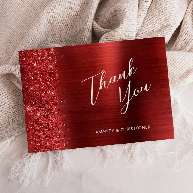 Carte Glam Red Brushed Metal Wedding Flat Thank You (Créateur téléchargé)