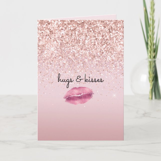 Carte Glam Rose Kiss Lips Blush Parties scintillant (Devant)