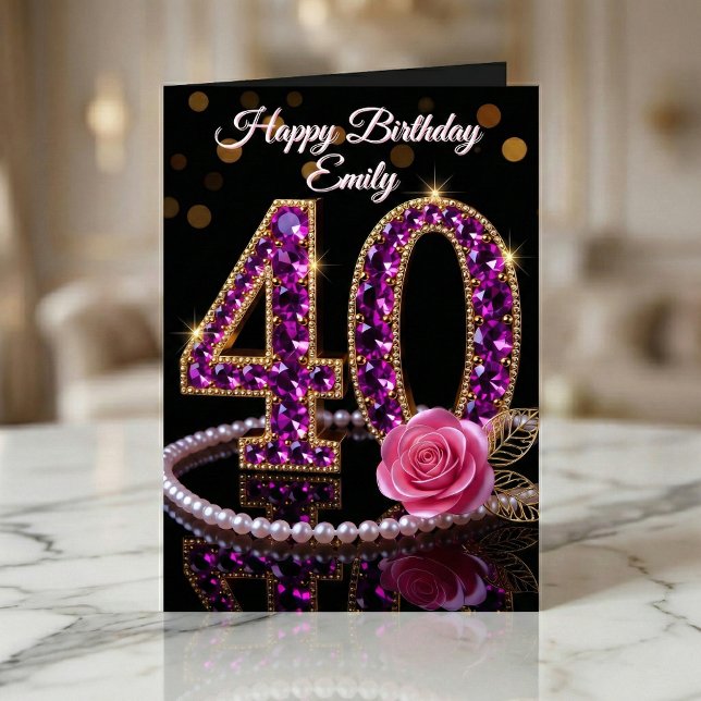 Carte Glamour Diamants Violets Perles Rose 40e Anniversa (Créateur téléchargé)