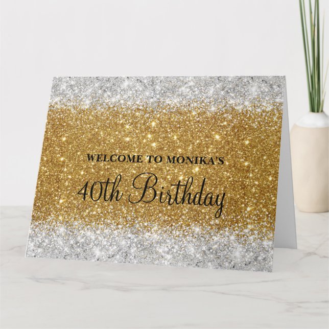 Carte Glittery Faux Gold Silver 40e anniversaire Bienven (Devant)