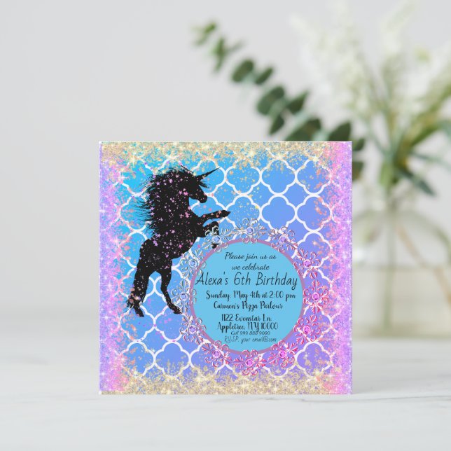 Carte Glittery Starry Whimsical Unicorn Anniversaire (Debout devant)
