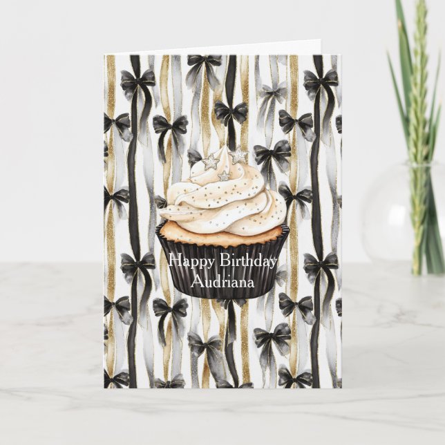 Carte Glitzy Gold Silver Black Ribbons Bows Birthday (Devant)