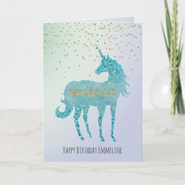 Carte Glitzy Purple Aqua Sparkle Nom de la licorne (Devant)