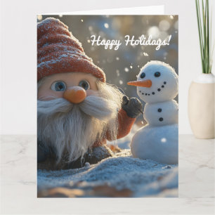 Carte Gnome adorable et bonhomme de neige dans un pays d