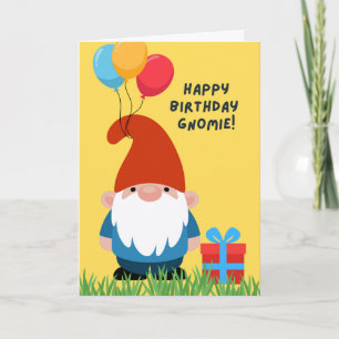 Carte Gnome d'anniversaire avec ballons et cadeaux