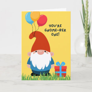 Carte Gnome d'anniversaire avec ballons et cadeaux