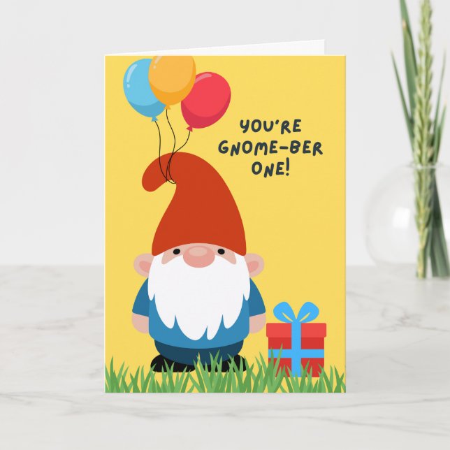 Carte Gnome d'anniversaire avec ballons et cadeaux (Devant)