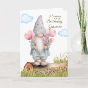 Carte Gnome d'anniversaire avec fleurs de pivoine rose