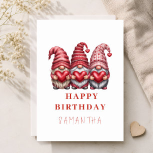 Carte Gnome d'anniversaire cœur rose et rouge