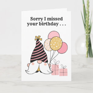 Carte Gnome d'anniversaire tardif avec ballons et cadeau