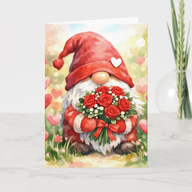 Carte Gnome de la Saint-Valentin avec bouquet de roses r (Devant)