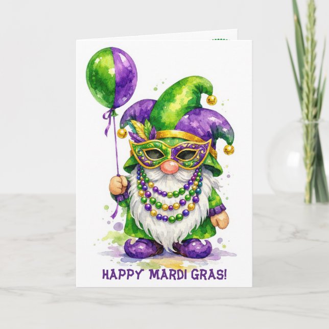 Carte Gnome de Mardi Gras avec ballon de fête (Devant)