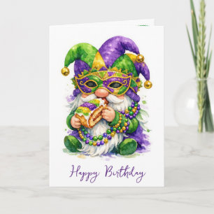 Carte Gnome de Mardi Gras d'anniversaire mangeant une ga