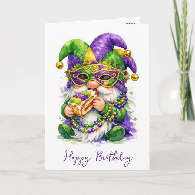 Carte Gnome de Mardi Gras d'anniversaire mangeant une ga (Devant)