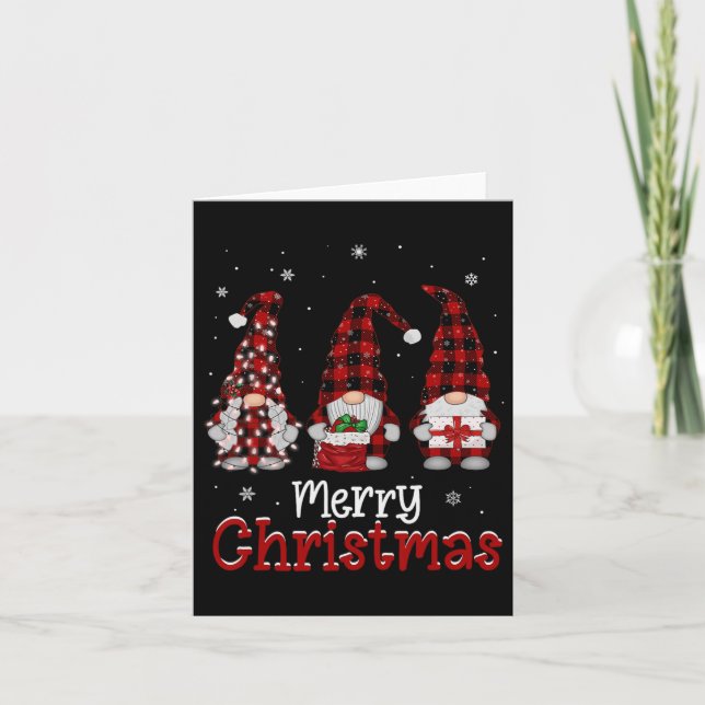Carte Gnome Famille Joyeux Noël Carreaux Rouges Xmas Hom (Devant)