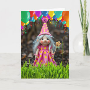 Carte Gnome Fille Mignonne d'Anniversaire avec Ballons