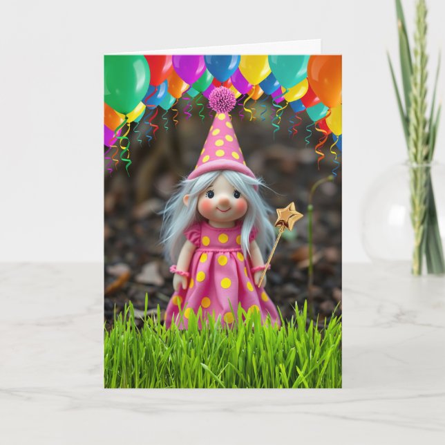 Carte Gnome Fille Mignonne d'Anniversaire avec Ballons (Devant)