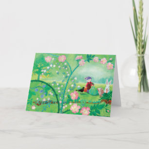 Carte Gnome jardiner, Blackbird, Hérisson et lapin blanc