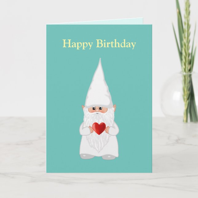Carte Gnome magique d'anniversaire avec coeur sur Turquo (Devant)