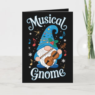Carte Gnome Musical de Noël Violon Houx Flocons de Neige