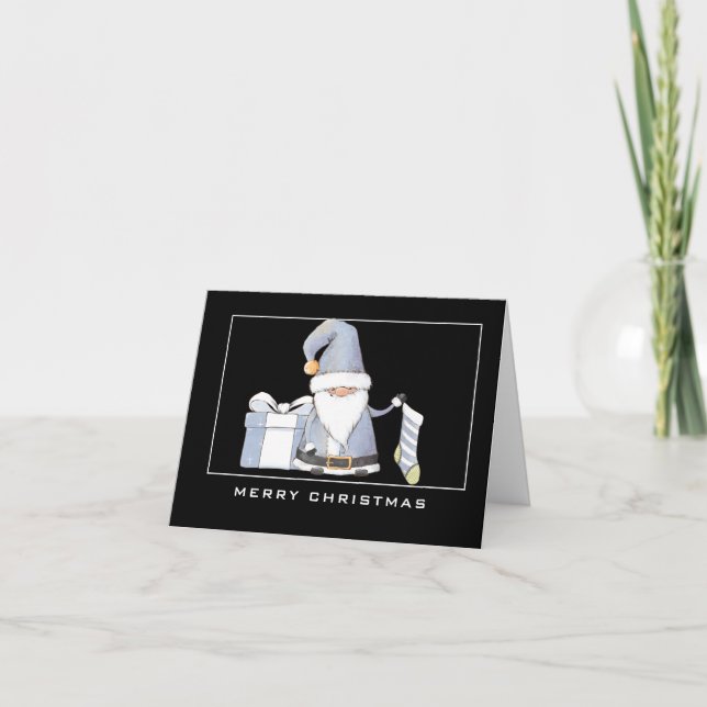 Carte Gnome Père Noël Bleu avec Stocker & Cadeau Noël (Devant)