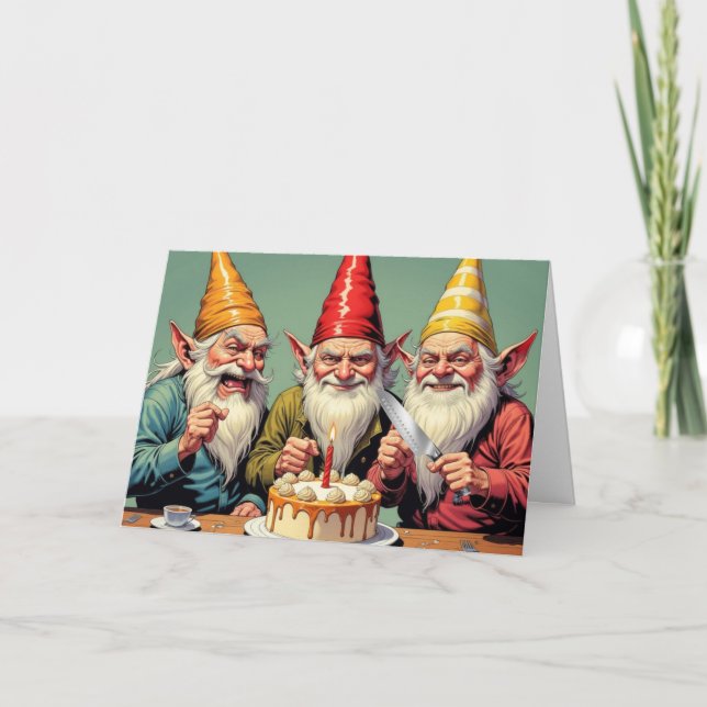 Carte Gnomes d'anniversaire coupant le gâteau d'annivers (Devant)