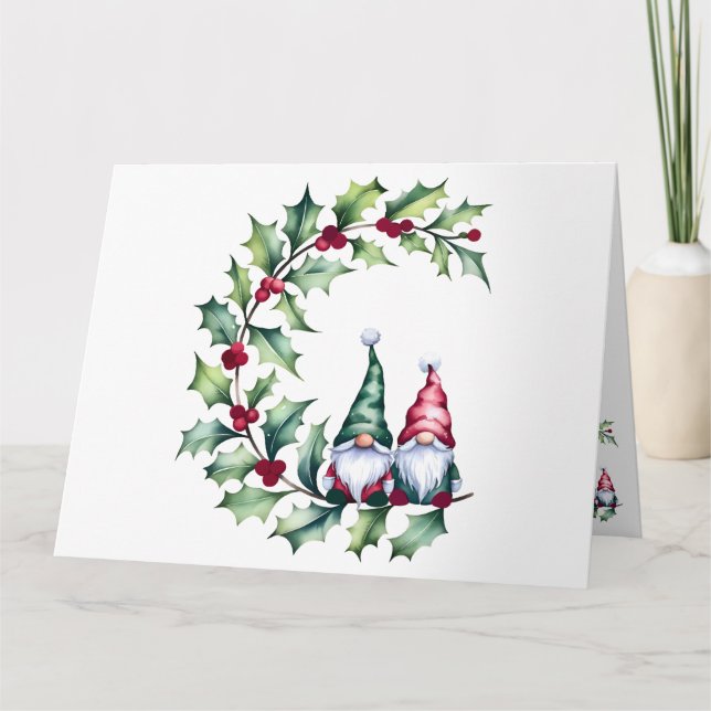 Carte Gnomes D'Aquarelle De Noël Assis Sur Holly Twig (Devant)