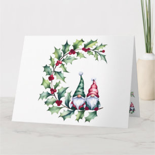 Carte Gnomes D'Aquarelle De Noël Assis Sur Holly Twig