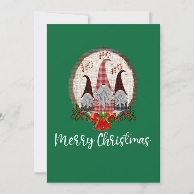 Carte Gnomes de Noël Merry Christmas Vert Rustique, Tend (Devant)