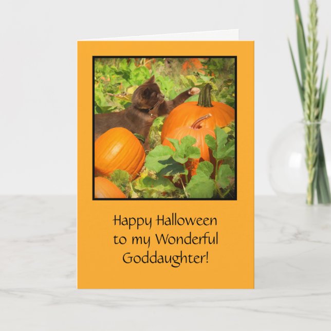 Carte Godgirl Halloween avec Kitten et Citrouille (Devant)