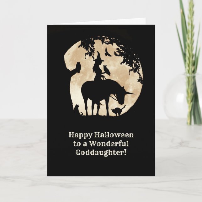 Carte Godgirl Halloween mignonne sorcière et animaux (Devant)