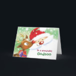 Carte Godson, Christmas, Cute Reindeer et Santa<br><div class="desc">Pour Godson. This is an adorable Christmas card with cute illustrations of Santa and his Reindeer. The illustrations a close up of Santa's face and a smiling wide eye deer looking up at him The background is filled with snowflakes and fa snow. A very sweet card for a wonderful Godson....</div>