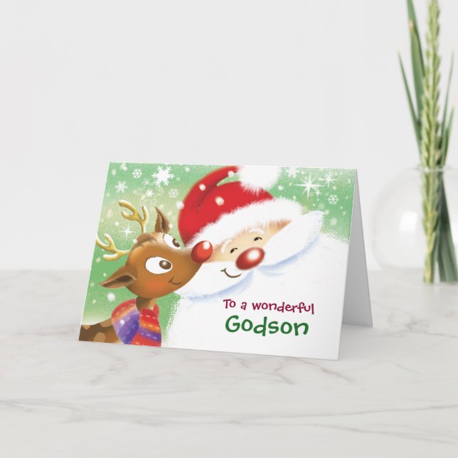 Carte Godson, Christmas, Cute Reindeer et Santa (Devant)