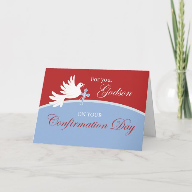 Carte Godson Confirmation Dove sur Rouge et Bleu (Devant)