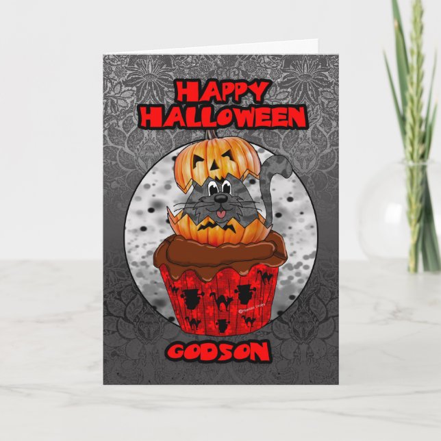 Carte godson halloween cupcake cat, tabby gris dans une  (Devant)