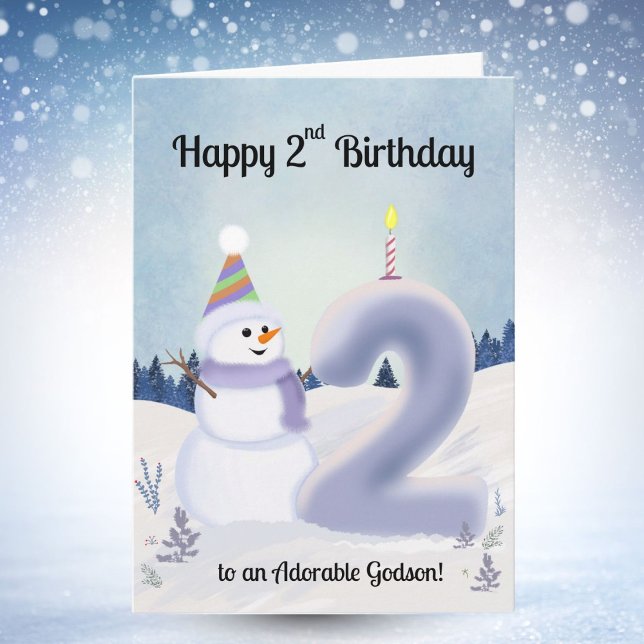 Carte Godson Happy 2nd Birthday Snowman Building (Créateur téléchargé)