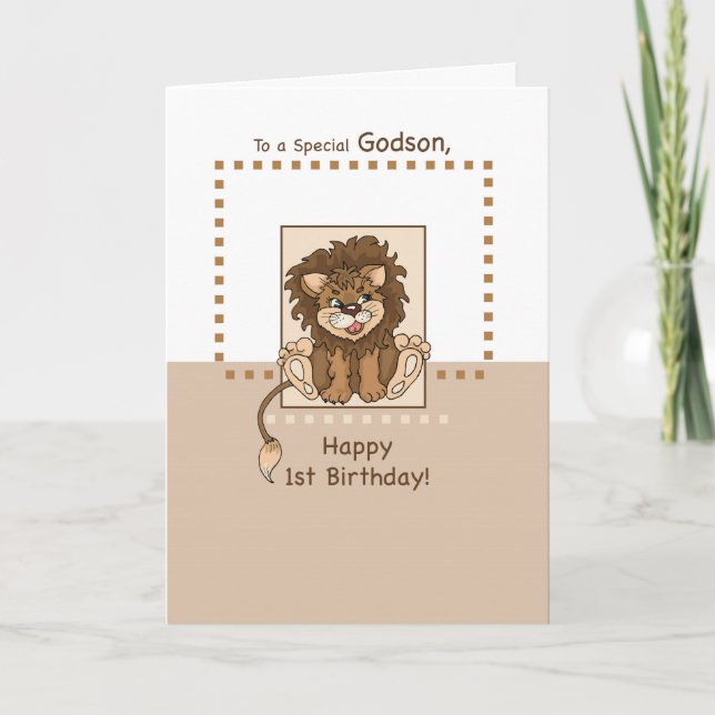 Carte Godson, Joyeux 1er Lion Bébé (Devant)