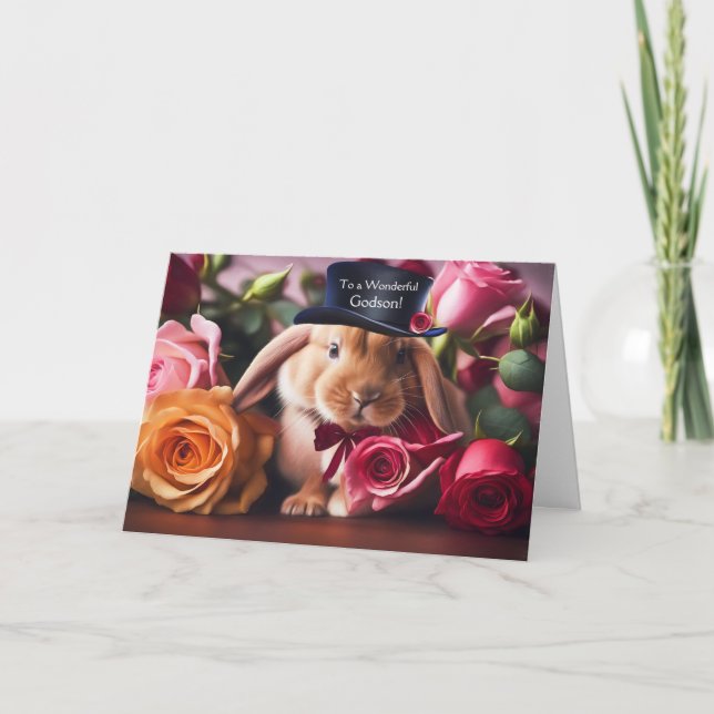 Carte Godson Valentines Jour mignonne lapin avec Rose (Devant)