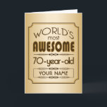 Carte Gold 70th Anniversaire Célébration Monde meilleur<br><div class="desc">Célébrez l'anniversaire marquant de votre personne âgée préférée avec ce cadeau classe qui leur rappelle à quel point ils sont fabuleux. Des lignes épurées et des tons bruns,  or et crème composent ce design simple mais élégant que vous pouvez customiser avec des noms,  initiales ou autre texte.</div>