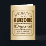 Carte Gold 80th Anniversaire Célébration World Meilleur<br><div class="desc">Célébrez l'anniversaire marquant de votre personne âgée préférée avec ce cadeau classe qui leur rappelle à quel point ils sont fabuleux. Des lignes épurées et des tons bruns,  or et crème composent ce design simple mais élégant que vous pouvez customiser avec des noms,  initiales ou autre texte.</div>