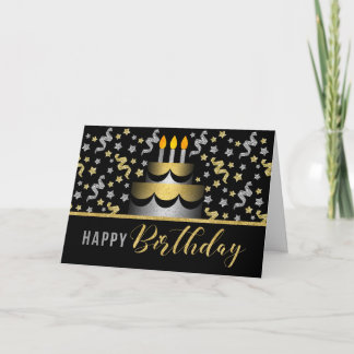 Carte Gold and Silver Faux Glitter on Black with Cake